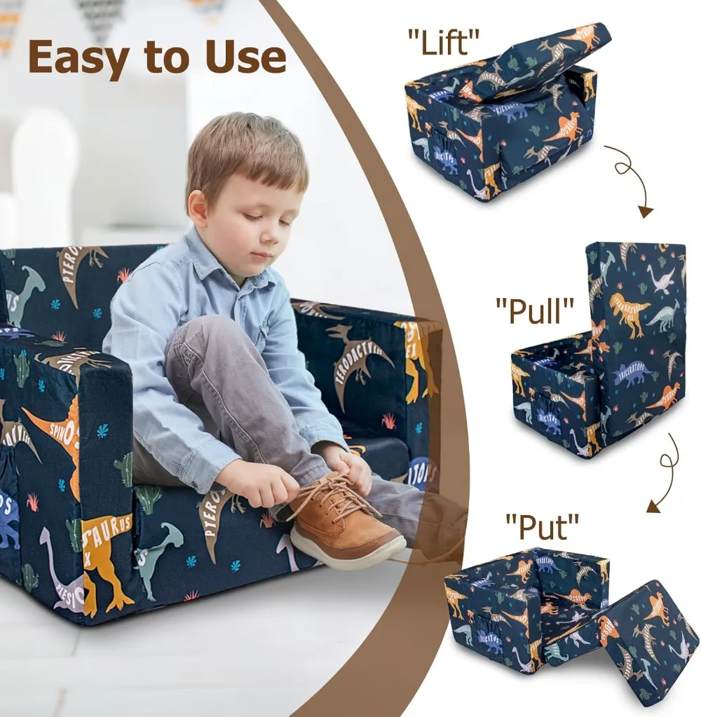 2-in-1 Kids Fold Out Couch, Convertible Sofa to Lounger for Toddlers 1-3 Years, Dinosaur Design