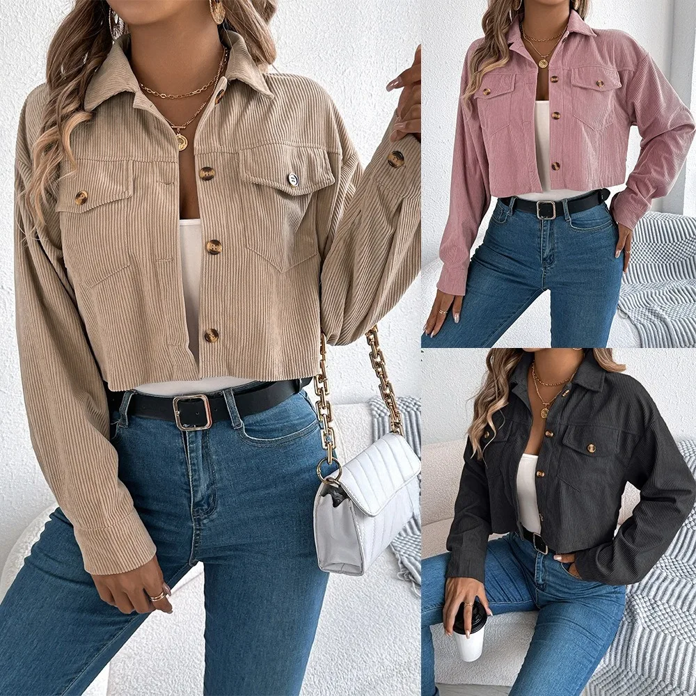 

Autumn and Winter European and American Casual Pocket Long-sleeved Corduroy Short Jacket