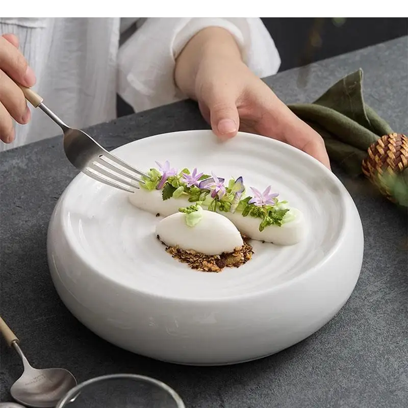 Threaded Ceramic Insulation Plate Pure White Dessert Snack Sushi Plates Restaurant Specialty Tableware