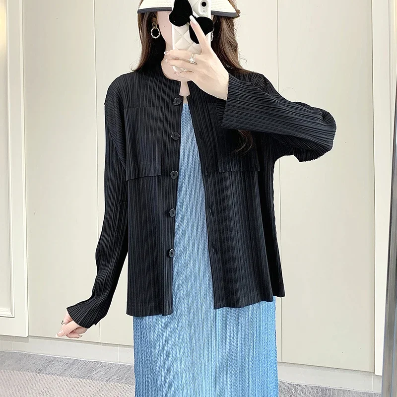 

Miyake Pleated Jacket for Women, 2025 Autumn New High-end Versatile Long Sleeved Lightweight Sunscreen Cardigan Top for Women