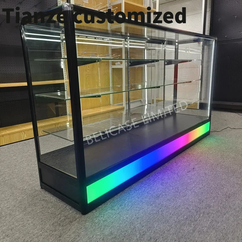 

Customized-70inch Smoke Shop FullGlass Display Cabinets With Led Light Tall Products Display Cases Showcase