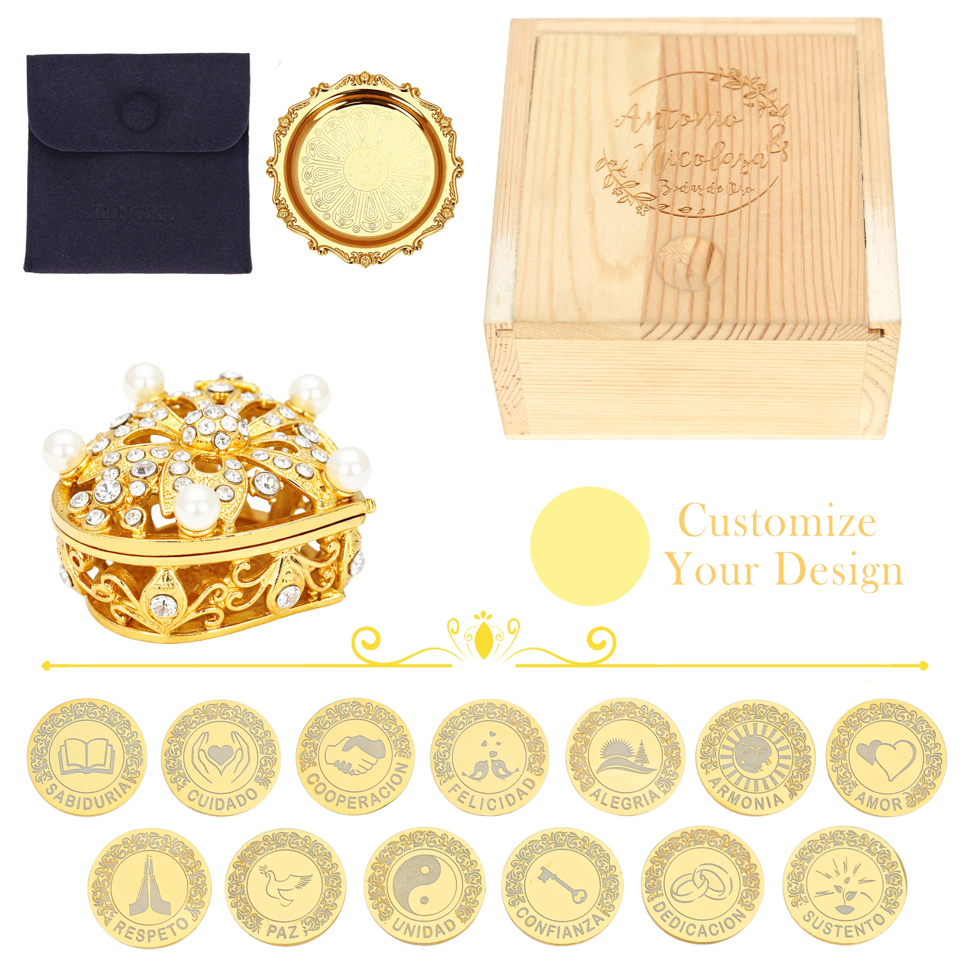 

Персонализированные 13 шт. испанские монеты Arras Para Boda Catolica-13 шт. свадебные монолитные монеты с ромбовидной коробкой в форме сердца