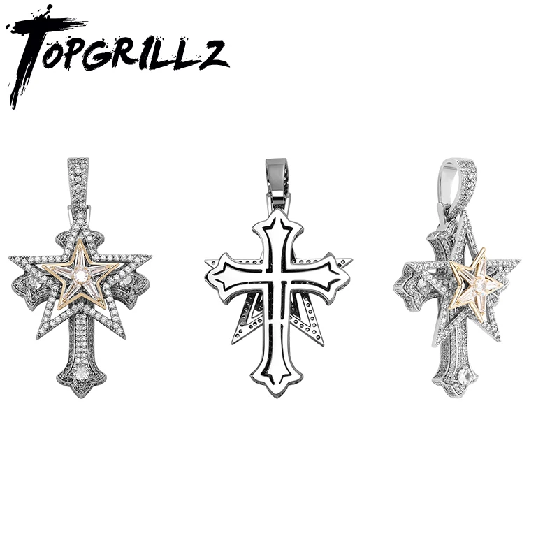 topgrillz iced para fora pingente cruz com cinco pontas estrela colar prong configuracao bling encantos real banhado a ouro joias hip hop 01