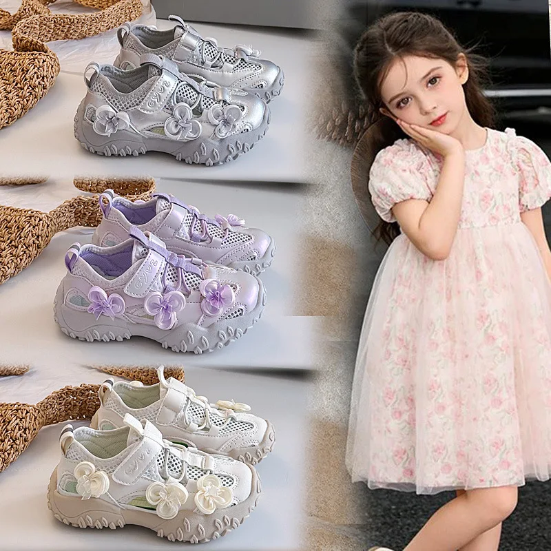 Girls Sports Sandals with Sweet Flowers Kids Princess Casual Shoes Mesh Breathable 2026 Summer New Children Tennis Shoes Soft