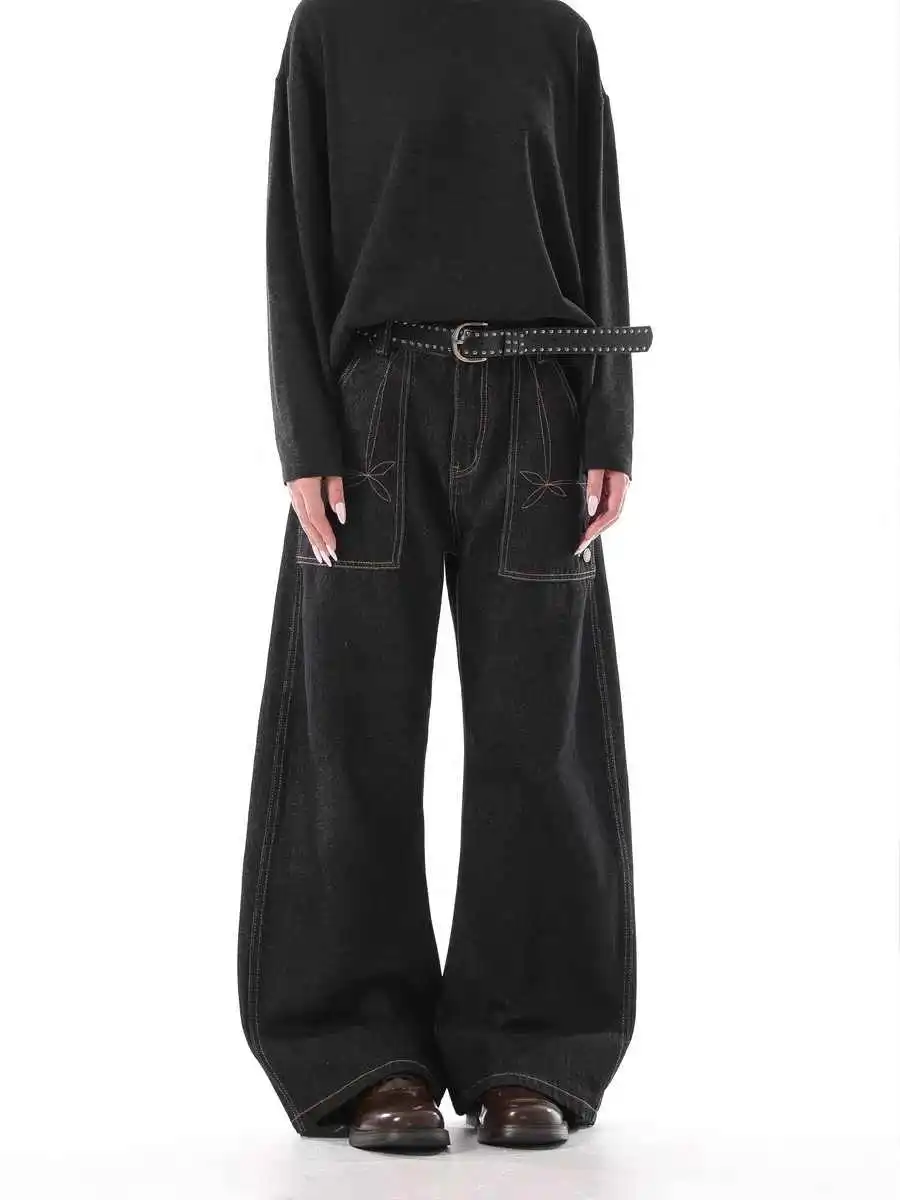 Women Black Gothic Y2k Baggy Emo Jeans Harajuku Vintage Denim Trousers Japanese 2000s Style Oversize Boyfriend Jeans Pants 2025