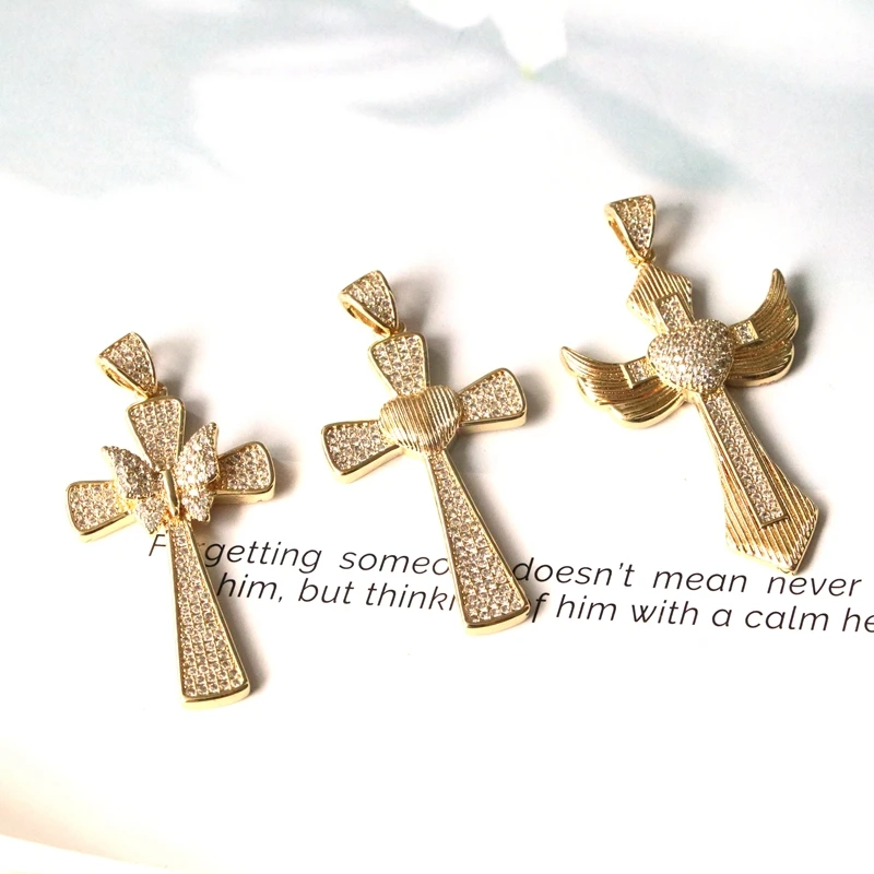 

5Pcs/Trendy White Crystal Large Wings Cross Pendant for Necklace Copper Gold Plated Crucifix Jewelry Making Supplies