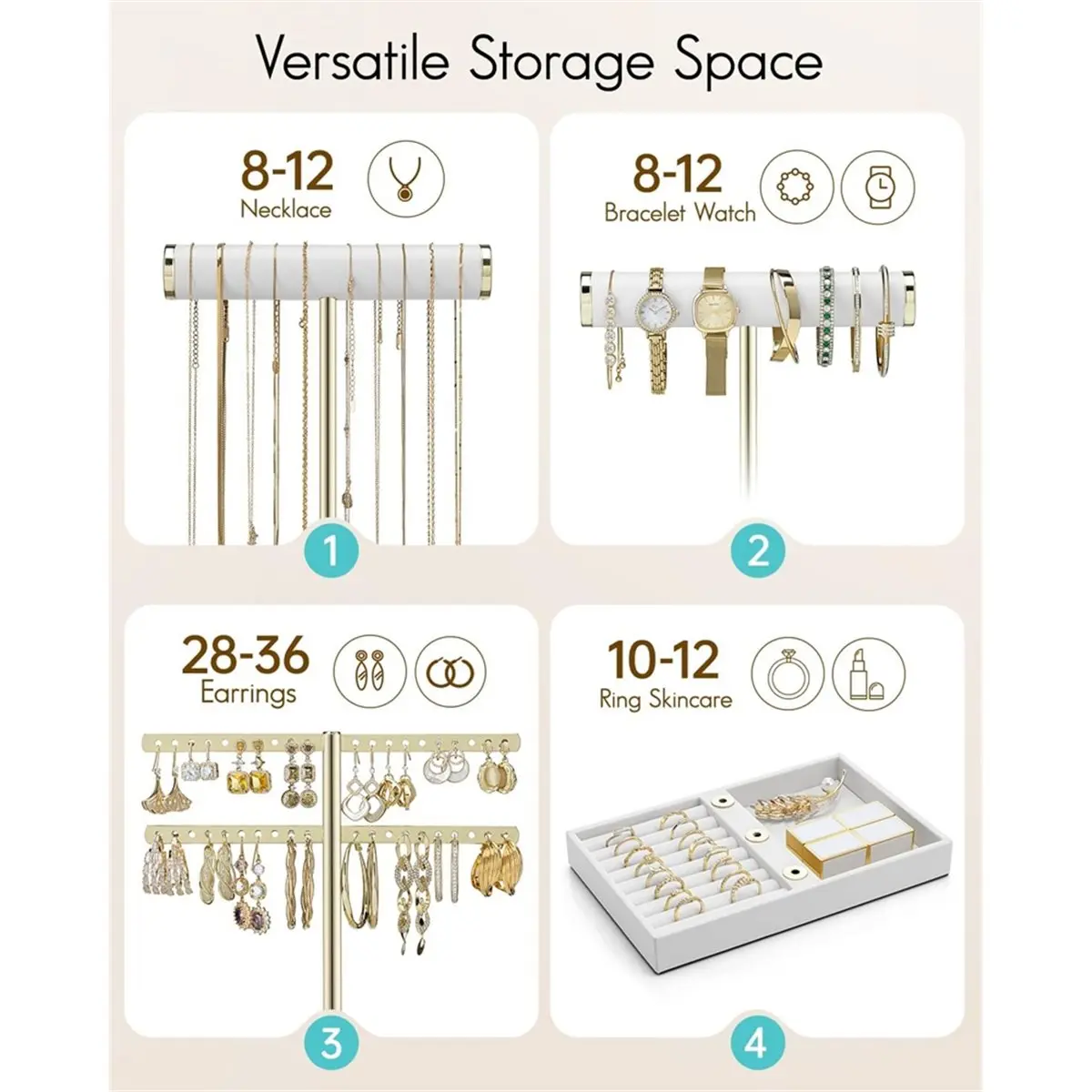 

3-х уровневый органайзер-держатель для ожерелья с подносом, кожаный держатель для браслета для женщин, золотая подставка для ювелирных изделий для браслета
