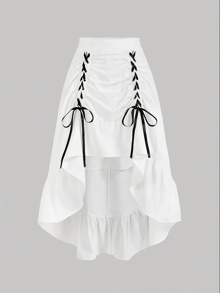 Weißer, plissierter asymmetrischer Rock mit Schnürung, langer Rock, sieht groß und schlank aus, geeignet für Frühlings- und Sommerkleidung