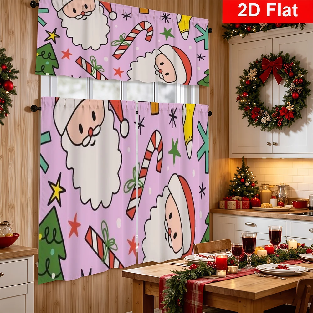 Christmas Kitchen Curtains, Cartoon Santa Tree Candy Cane, Digital Print, Kitchen Dining Room, Rod Pocket Polyester, Home Decor