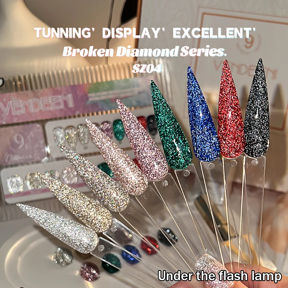 Vendeeni 9 Farben/Set Glitzer-Broken-Diamond-Gel-Nagellack TPO FREE Schwarz Gold Silber Flash UV LED Gel-Lack mit Display – Detail 16