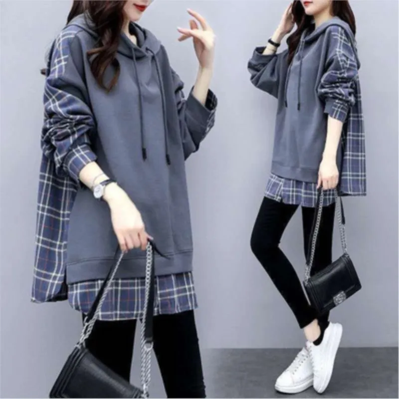 Women's Hooded Sweatshirt 2026 Spring Autumn Women's Loose Large Size Plaid Splice New Women's Clothing
