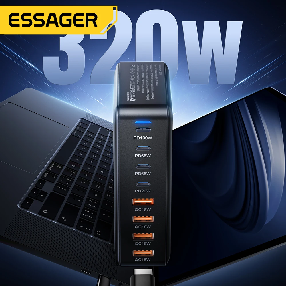 Essager 320W GaN Charger 8Port USB Type C Desktop Charging Station PD 100W Fast Charging For iPhone 16 15 14 iPad MacBook Laptop