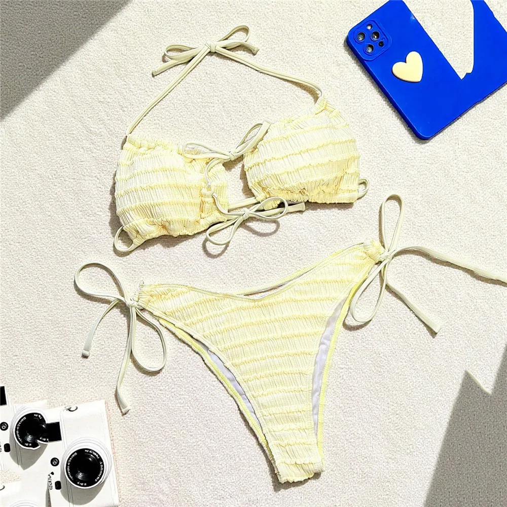 Light Yellow String Lace-up Swimwears Bikinis Sets Halter Sexy Swimsuit Women 2026 Front Hollow Out Bathing Suit Bikini Mujer