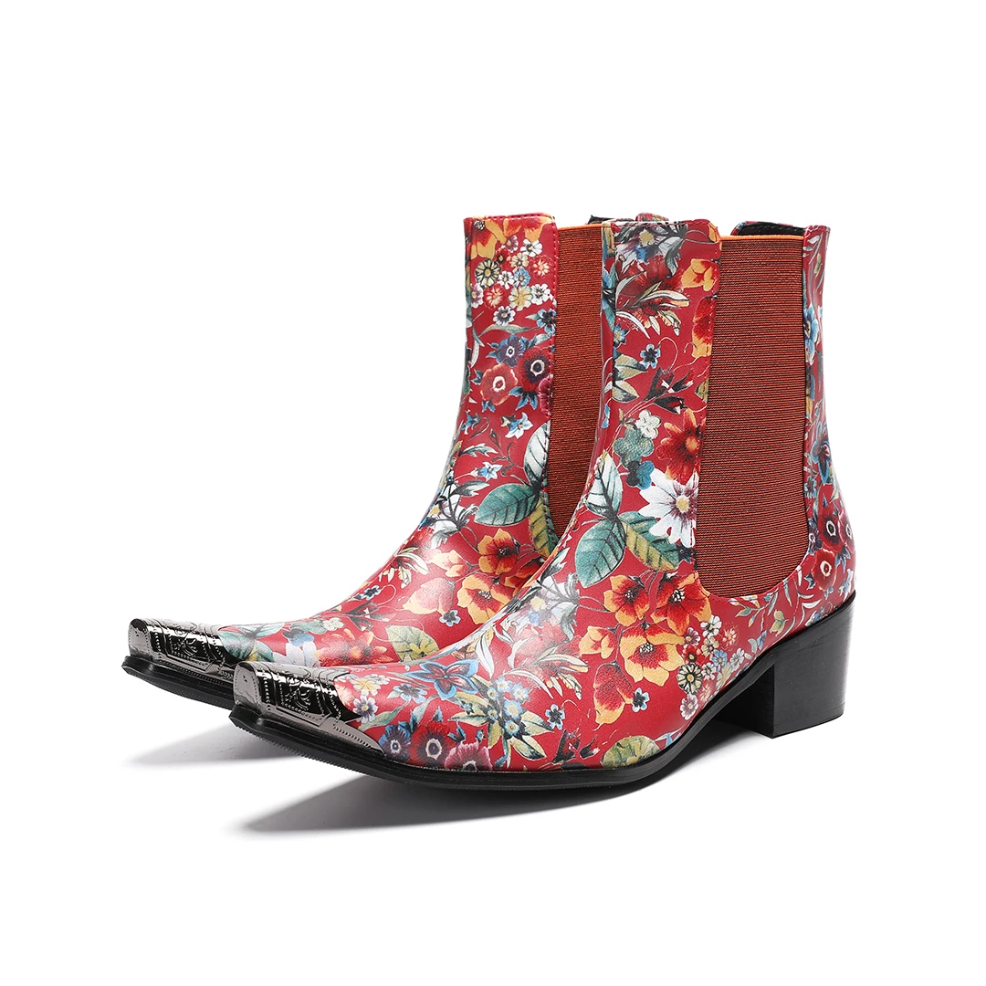 Fashion Flower Print Pointed Toe Men Genuine Leather Ankle Boots Plus Size Male Night Club Party Chelsea Short Boots Dress Shoes