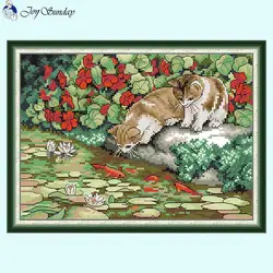 Gatto e Pesce Joy Sunday Cartoon Stampato Kit Punto Croce 14CT Bianco 16CT 11CT Tela Stampata Ricamo FAI DA TE Per Bambini Set Da Cucire A Mano