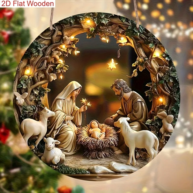 مشهد مدير عيد الميلاد المسطح ثنائي الأبعاد، علامة خشبية، تصميم دائري، ديكور باب جدار الكنيسة، منزل عيد الميلاد المسيحي