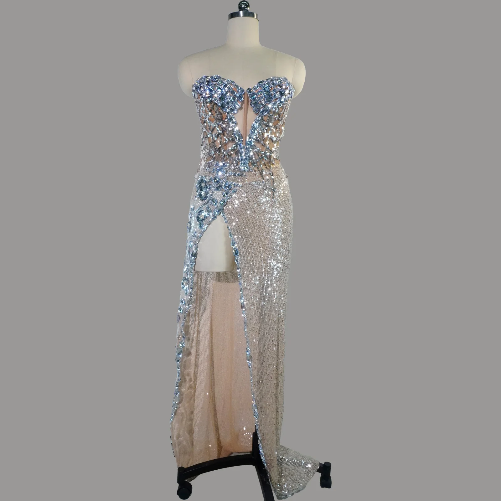 

Sparkling Rhinestone Evening Dress Women Sexy Beaded Sequins Formal Party Gown Stage Performance Outfit Singer Dancer Costume