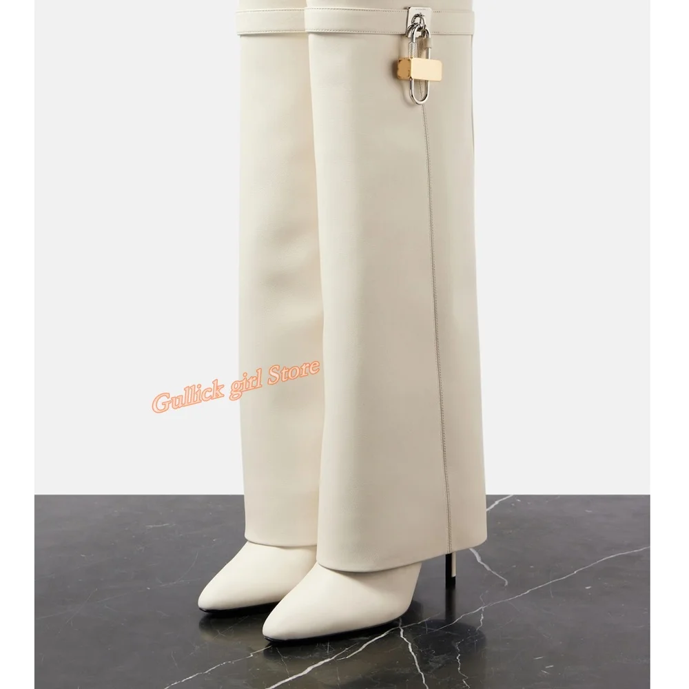 Shark Lock Stiletto Boots Over-the-knee Sexy Pointed Toe White Matte Leather Turn Over 2024 New Arrivals Excellent Quality