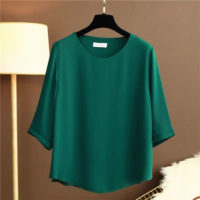 European Station Spring and Summer New Light Luxury Solid Color Chiffon Round Neck Shirt Loose Large Size Short-sleeved Shirt