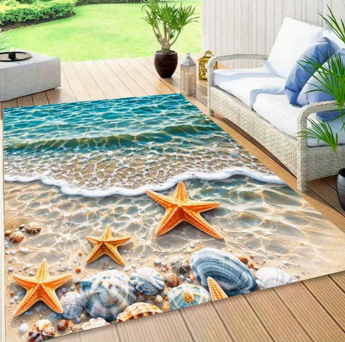 A Single Rug for The Living Room Featuring an Ocean Waves And Starfish Beach-Themed Decor Carpet This Rectangular Printed Rug