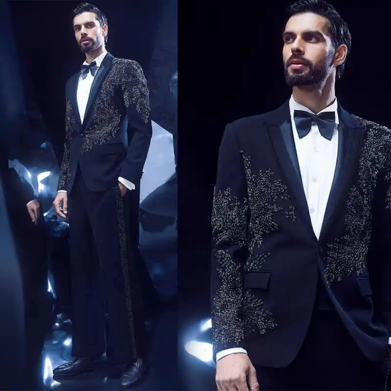 Fashion Wedding Men Suit Beads Prom Party Suit 2-PCS Coat Pants Tailor-Made Groom Groomsman Formal Occasions Size Customized