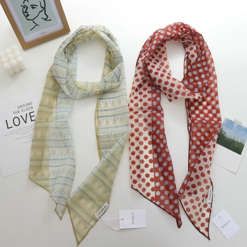 

2025 Korea Style Fashionable Silk Scarf for Women Summer Thin Vintage Printed Strip Headband Color Matching Neck Small Scarf