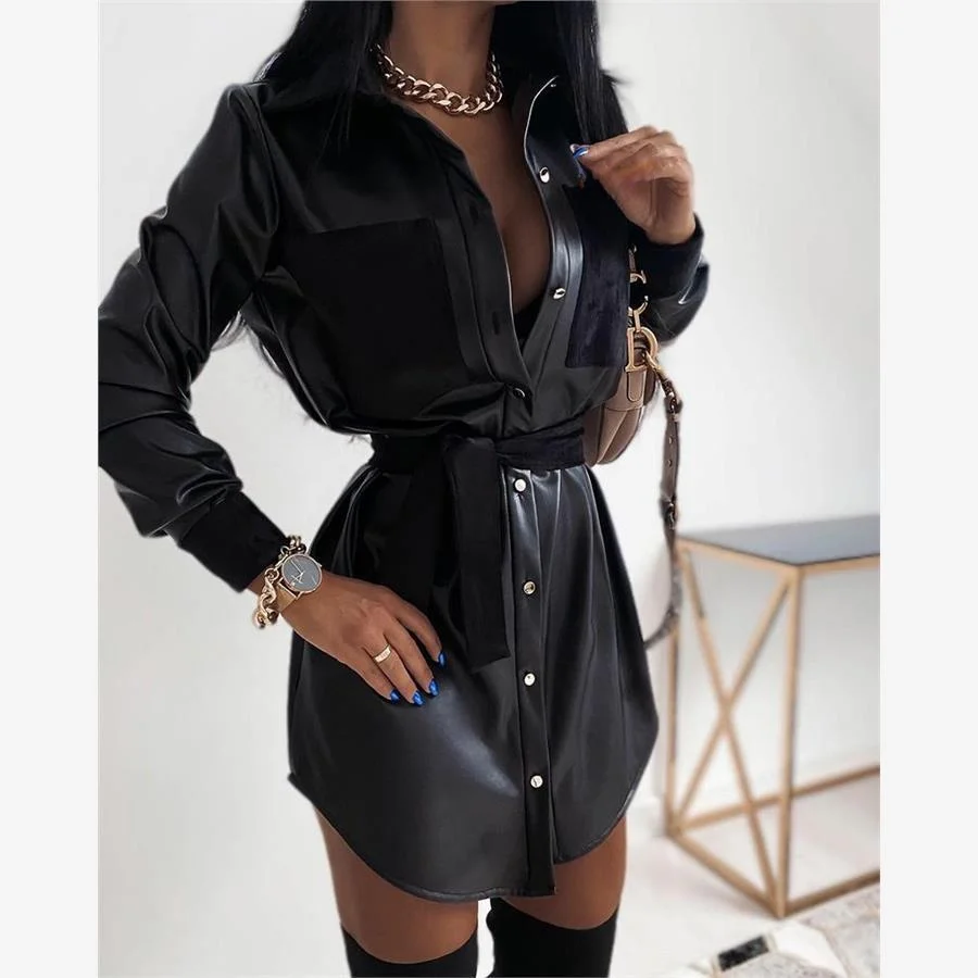 

Street Sle PU Leather irt Dr with ket Patchwork Button High Waist Long Sve ort Length Collar Color