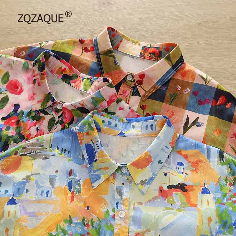 Women\'s Colorful Printing Shirt Long Sleeve Single Breasted Blouse Rose Tulip Pattern Cotton Tops Autumn Winter New SY2671