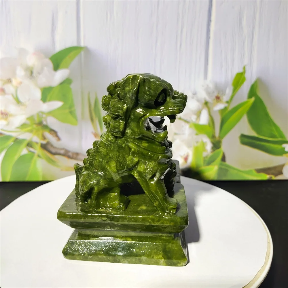 A Pair Natural Stone Jade Lion Statues Feng Shui Reiki Healing Home Decoration