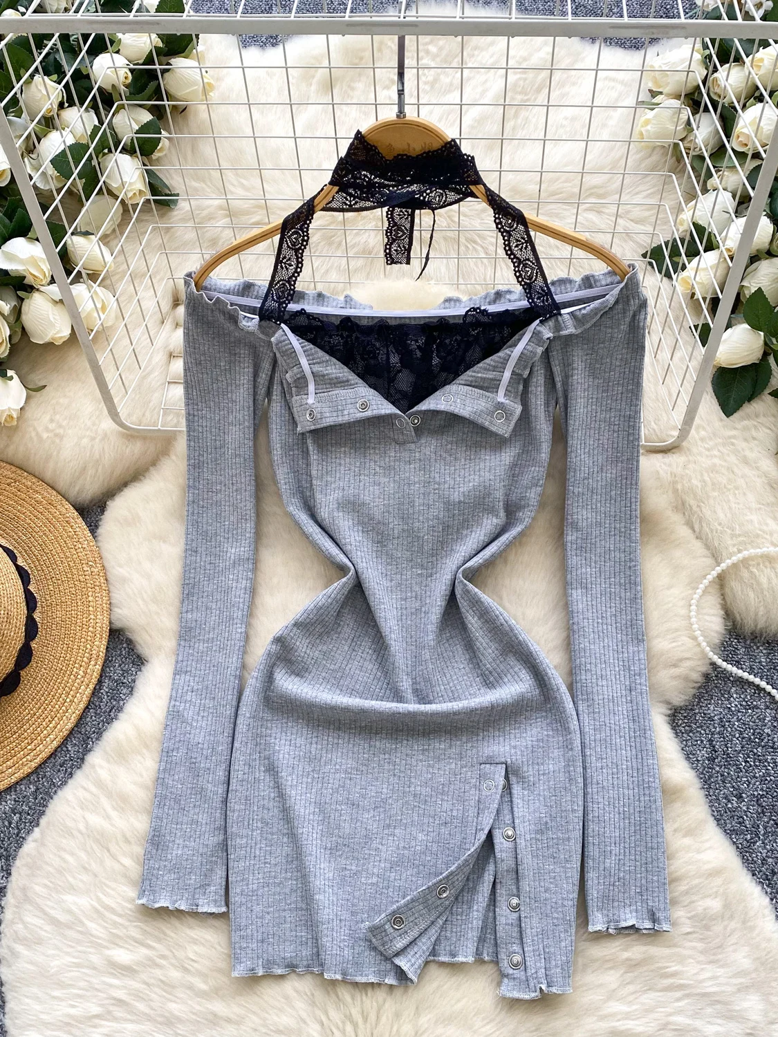 

Pure Desire Spicy Girl Lace Patchwork ter One oulder Long Sve Waist Cinched Split Bodycon Dr Summer Women's Faion