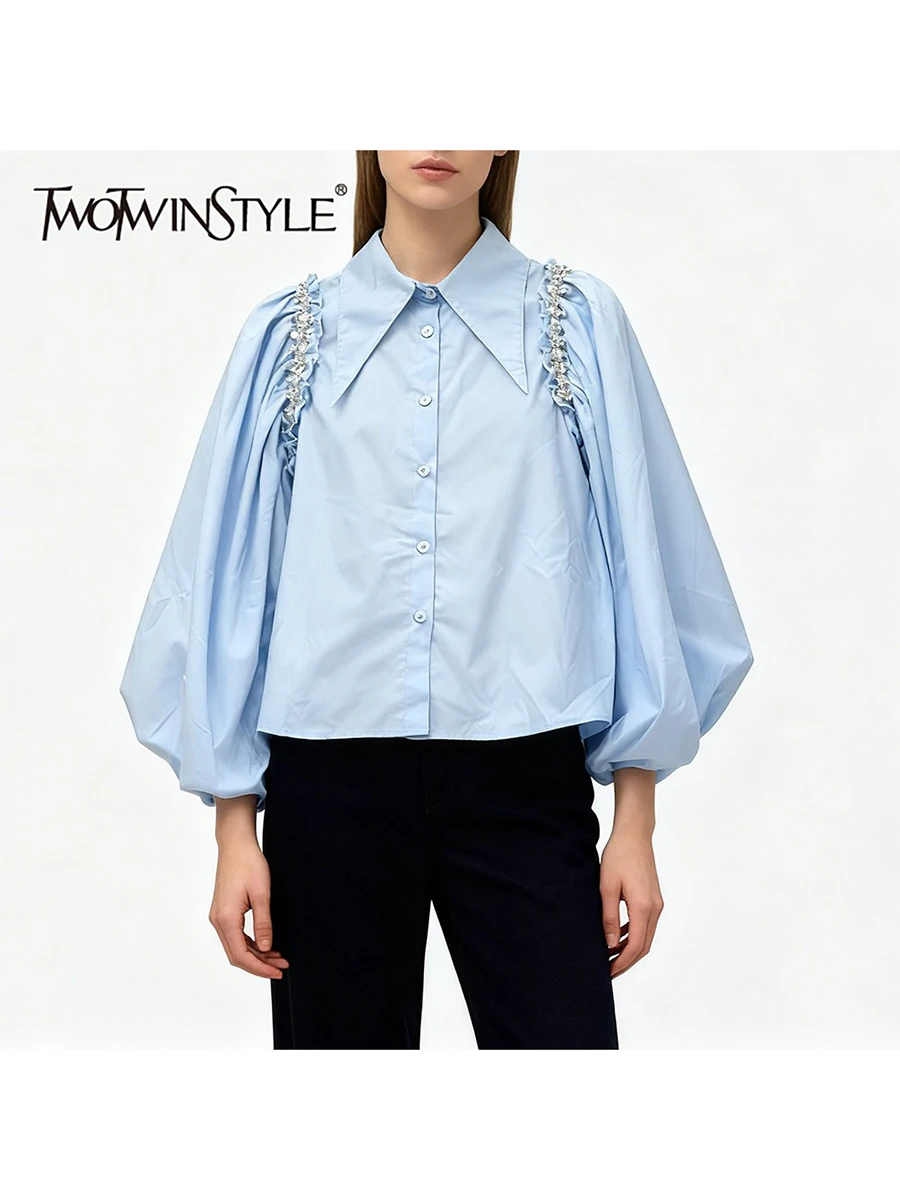 

TWOTWINSTYLE Solid Loose Spliced Bead Basics Shirts for Women Lapel Long Sleeves Patchwork Shirring Fashion Shirt Female Clothes