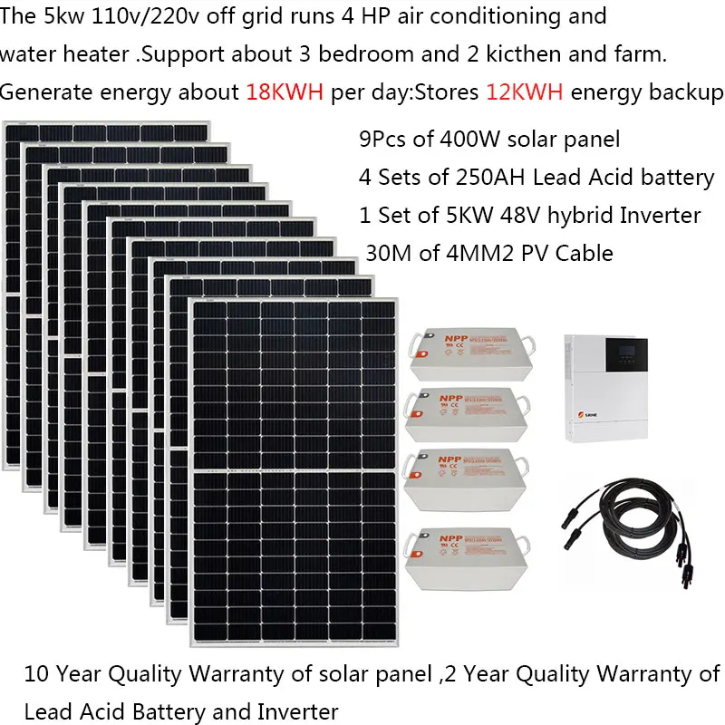 

Solar Panel Kit Complete 5000W 220v 110V Lead Acid Sealed Battery Splict Cell Panel Hybrid Inverter Off Grid System 4HP Heater