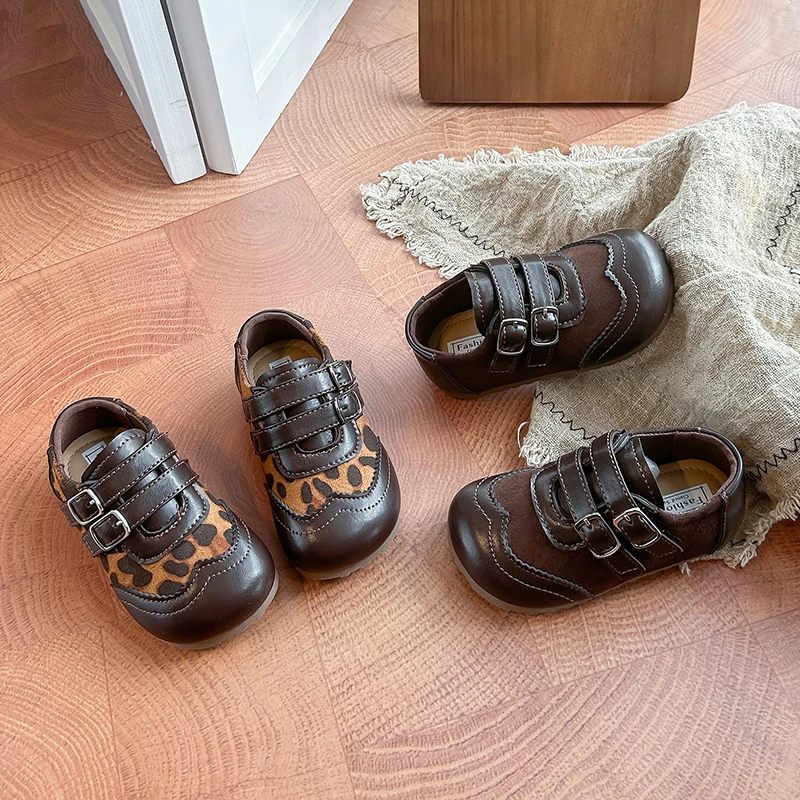 Kids Retro Brogue Style Flat Shoes, Toddler Boys Girls Double Strap Hook‑and‑Loop Casual Loafers, Solid Brown & Leopard Print