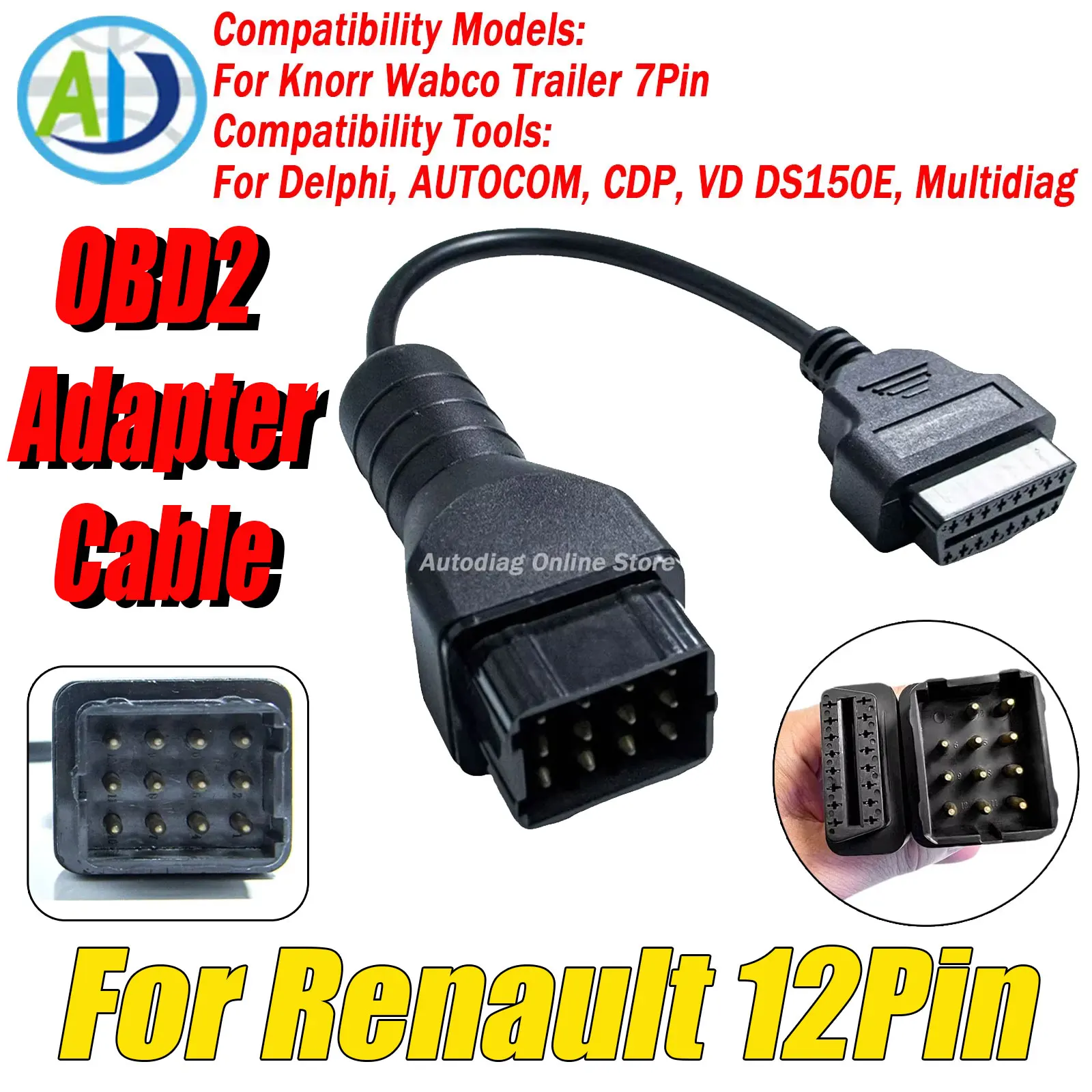 OBD2 Diagnostic Cable For Renault 12pin To 16pin OBDII Connector Adapter Cable Truck Extension Cable OBD2 Diagnostic Adapter