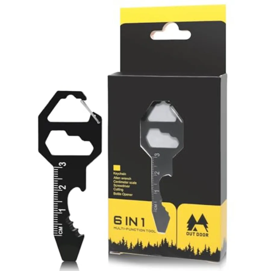 Mini Keychain Bottle Opener Multi Tool, Stainless Steel 6 in 1 Tool Keychain, Bottle Opener, Wrench, Pry Bar, Metric Ruler, Cor