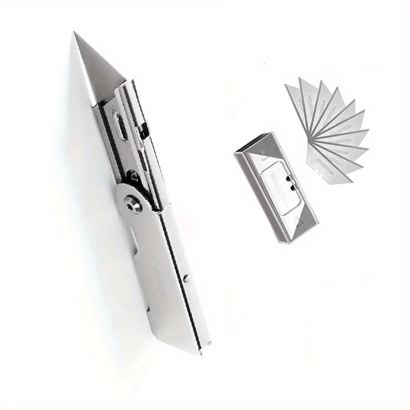 سكينة متعددة الاستخدامات، قاطعة صندوق قابلة للطي شديدة التحمل، سكين قطع سجادة الجيب مع 10 شفرات من الفولاذ المقاوم للصدأ SK5 الإضافية، سكين جيب #5