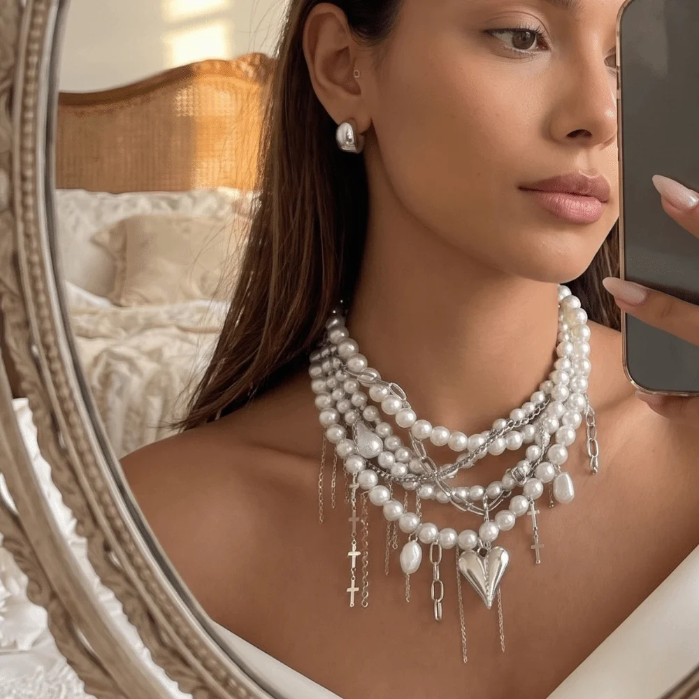 Elegant Multi Layer Clavicle Chain Irregular Broken Heart Cross Faux Pearl Tassel Necklace Dainty Design Silver Color