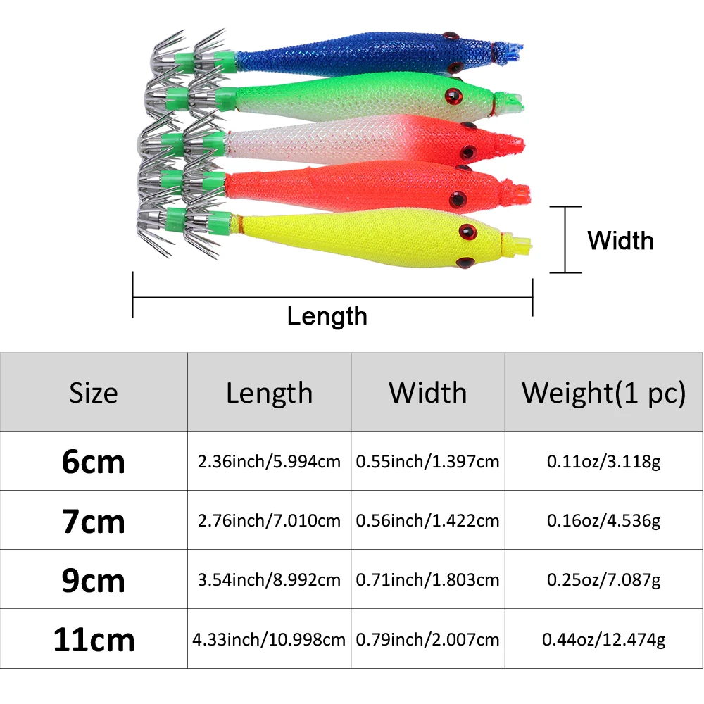 5 pcs 6cm 7cm 9cm 11cm Fluorescent Fishing Lures Squid Hook Jigs Cuttlefish Jigs Bait  Wood Shrimps Sea Fishing Tackle ﻿