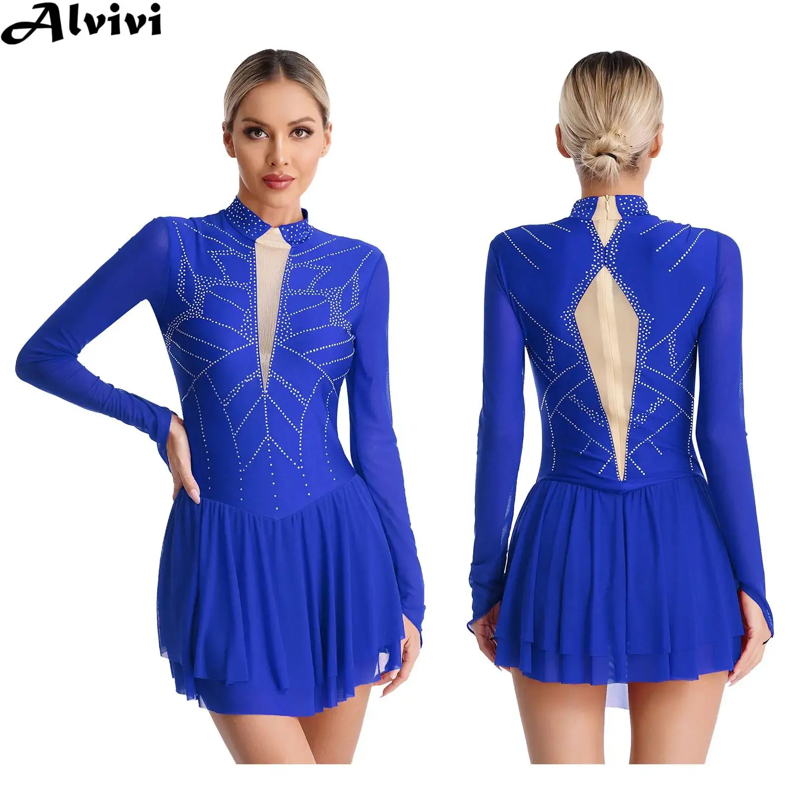 Women Figure Skating Dress Lyrical Dance Ballet Gymnastics Performance Dancewear Long Sleeve Shiny Rhinestones Mesh Leotard Tutu