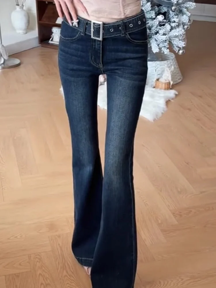 

American Retro Slim Fit Straight Leg Bell Bot Jeans High Waist Cotton Stretch Denim Blue Color Wear Resistant for Young Women