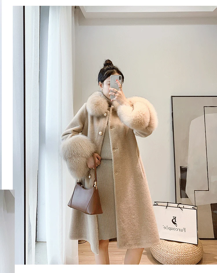 FURYOUME Long Real Fur Coat for Women Casual Jacket Sheep Shearing Wool Blends Fox Fur Collar Thick Warm Outerwear Winter New