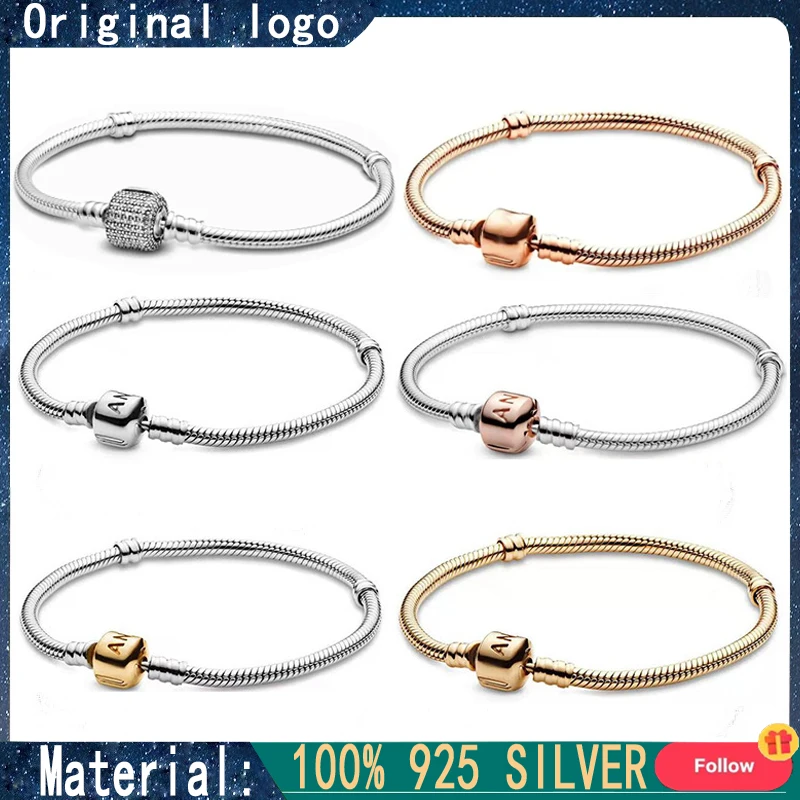 Pulseira Corrente Osso Cobra para Mulheres Fivela Cilíndrica de Prata 925 100%, Charme Joias Presente, Moda DIY, Luxo Leve, Novo