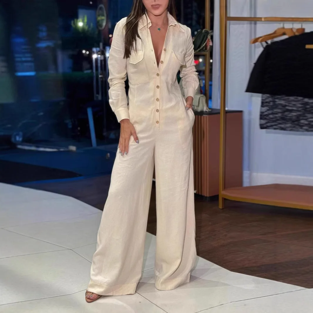 Women Jumpsuit Solid Rompers Button Pocket Turn Down V Collar Long Sleeve Single Breasted Wide Leg Pant Loose Casual 2025 Autnmn