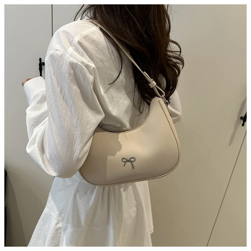 Crescent Shoulder Bag Trendy Women'S Pu Leather Crossbody Bag Bow Detail Handbag Pu Leather Multi-Way Underarm Bag For Various