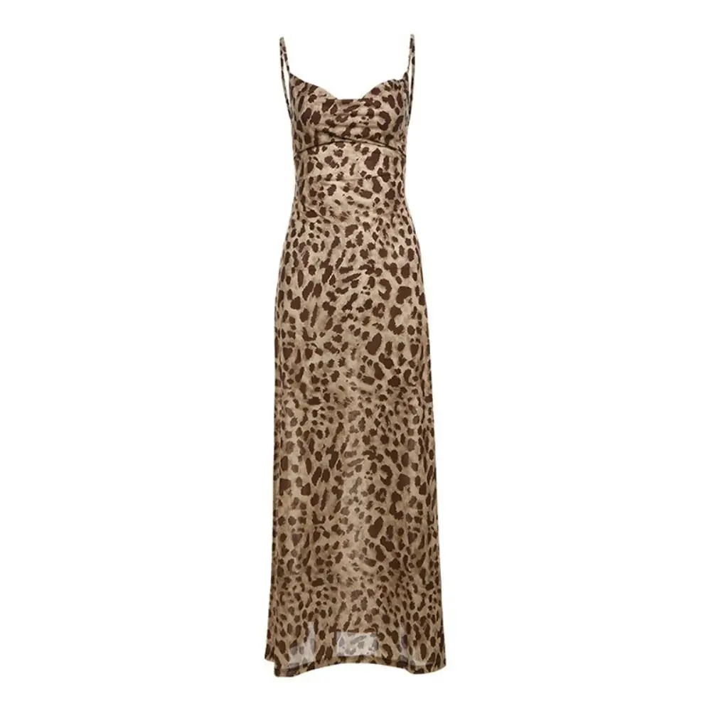 

Elegant V-neck Leopard Tulle Dress Thin Straps Slim Fit Vintage Long Dress Backless Pleated Sleeveless Party Dress Summer