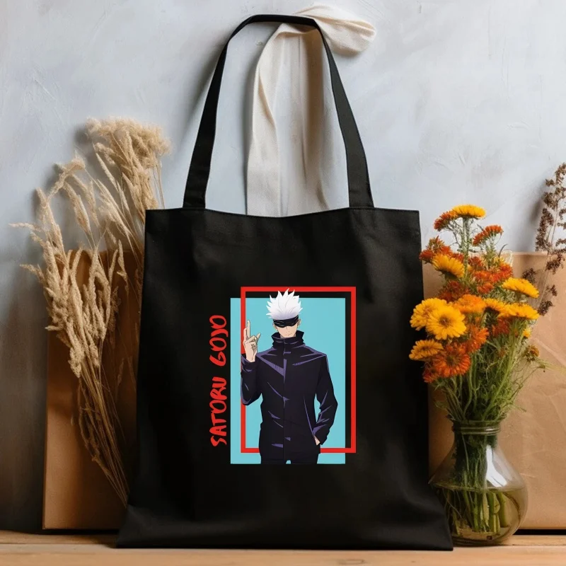 Manga Japanese Anime Jujutsu Kaisen Gojo Satoru Anime Printed Black Canvas BagsFunny Kawaii Unisex Fashion Travel Shopping Bag