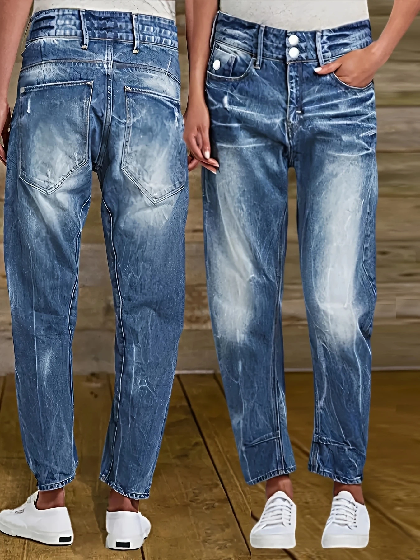 Women's stretchy fashion double button high-waisted denim ankle pants
