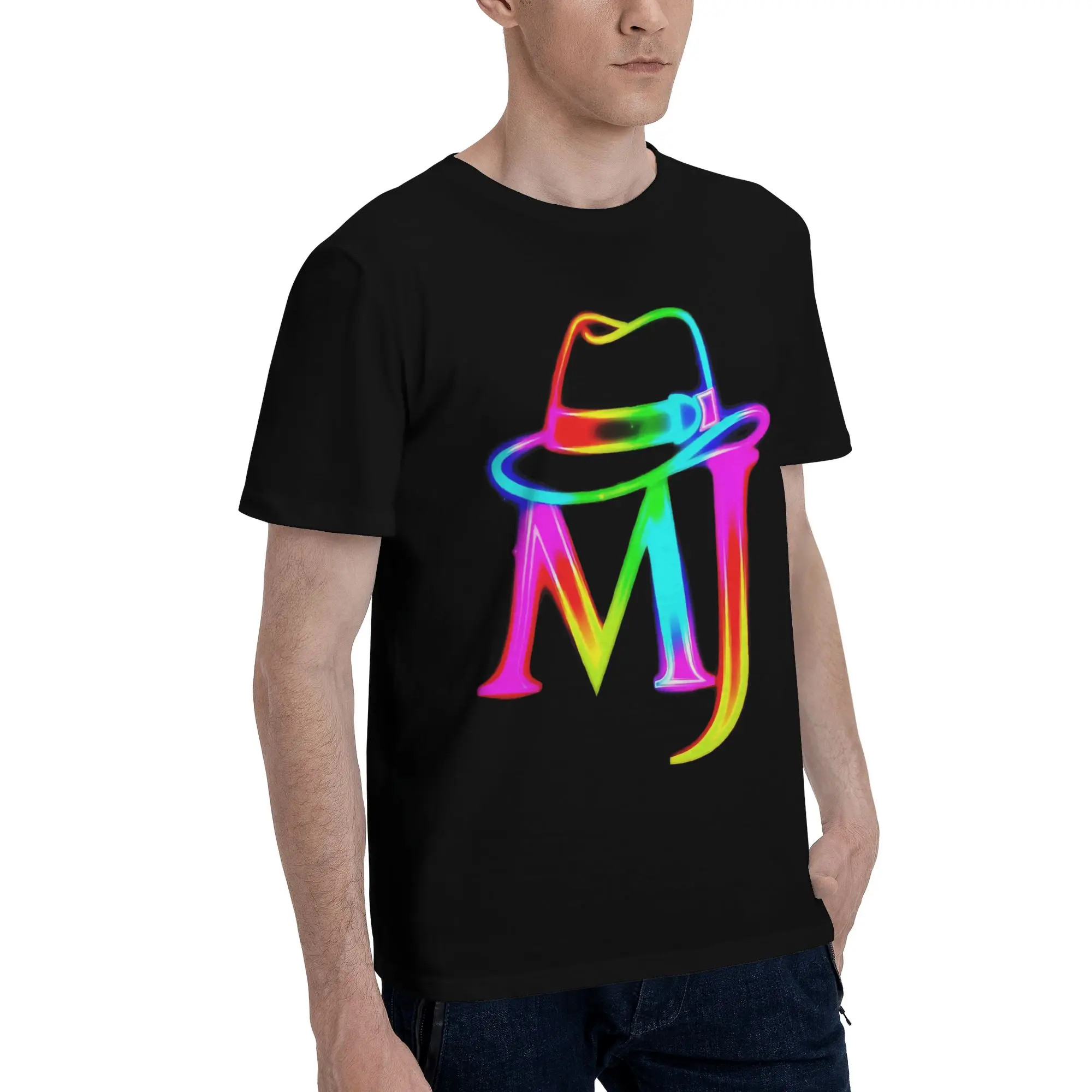 MJ Fedora Neon Glow Dance King Magical Logo Graphic 100% Cotton T-Shirt MJ Tops Tees For Men