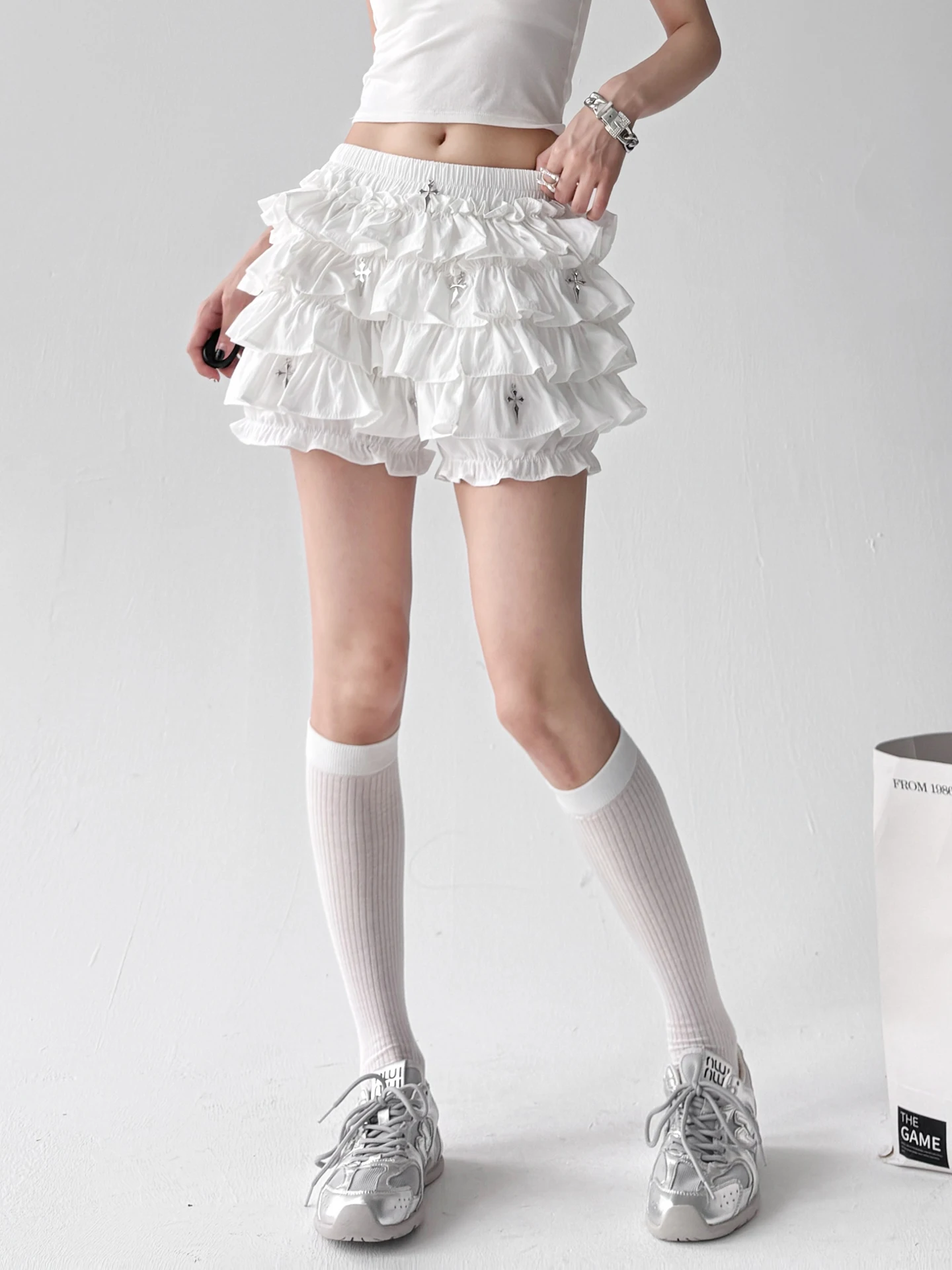 ゴシックダーククロスショートパンツレディース春夏ショートバレエスカートバブルショーツハイウエストストレートレッグコットンブレンド