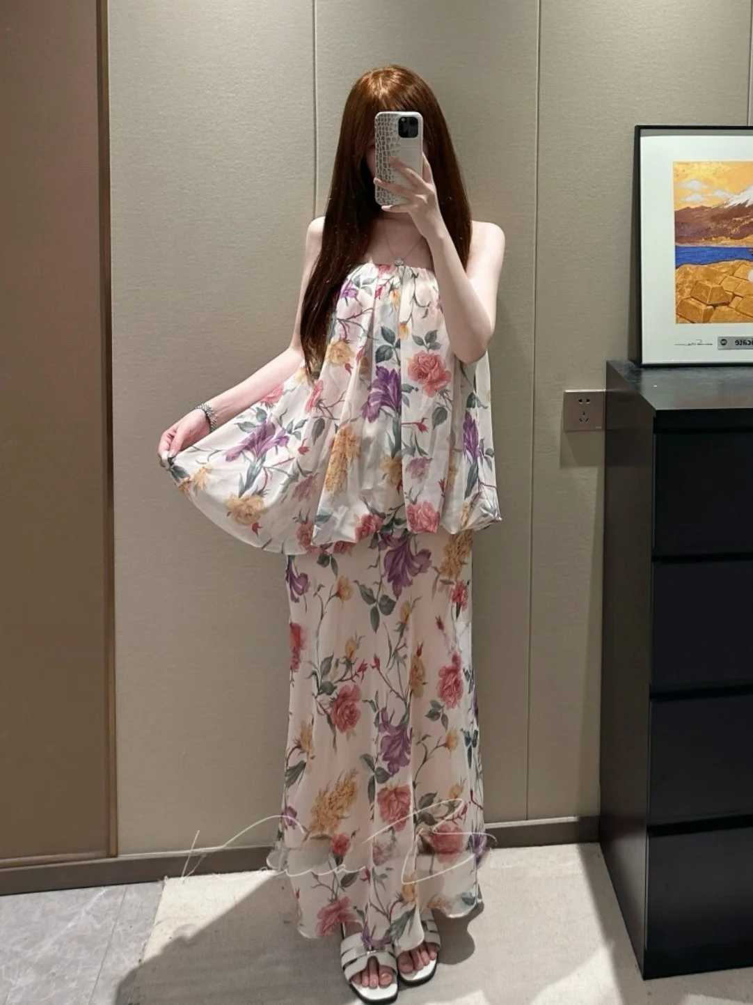 

Summer Floral Print Chiffon Halter Neck Long Skirt Two-Piece Set Beautiful Women's Vintage Gentle Vacation Outfit Half-length...